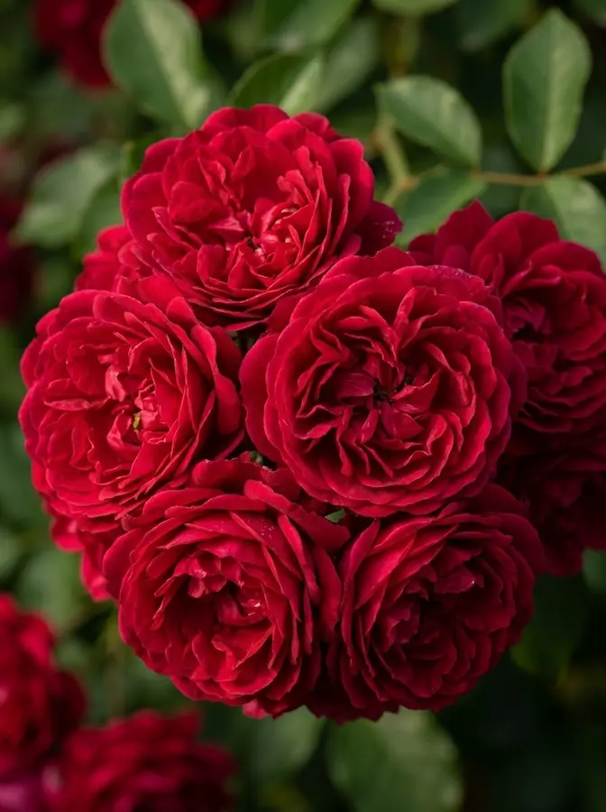 rosal de una vigorosidad legendaria con racimos masivos de flores dobles de color carmesí