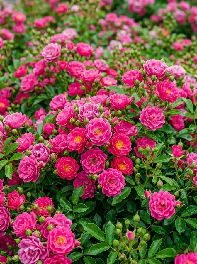 Un rosal cubresuelo muy denso y vigoroso que produce masas ininterrumpidas de flores de color rosa intenso.
