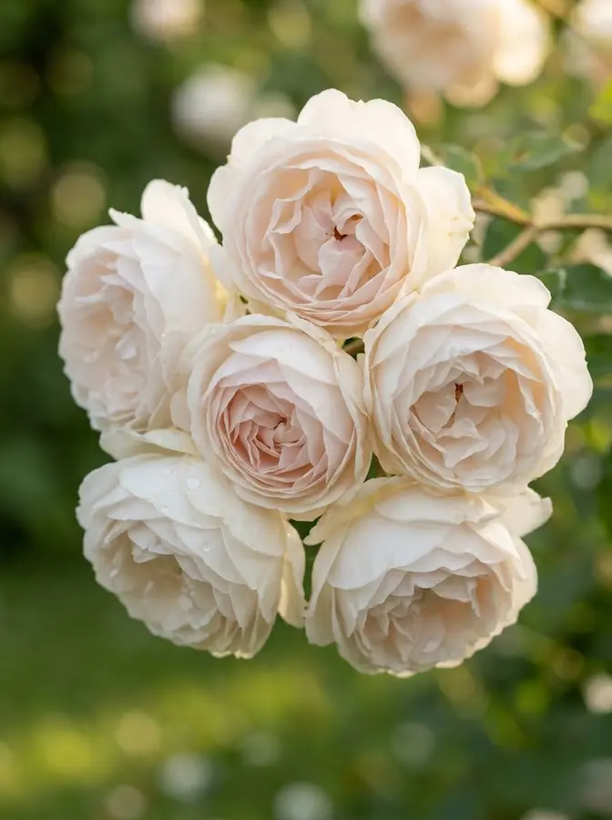 Un rosal vigoroso y casi sin espinas que produce racimos de flores blancas con matices asalmonados. Su fragancia es mítica.