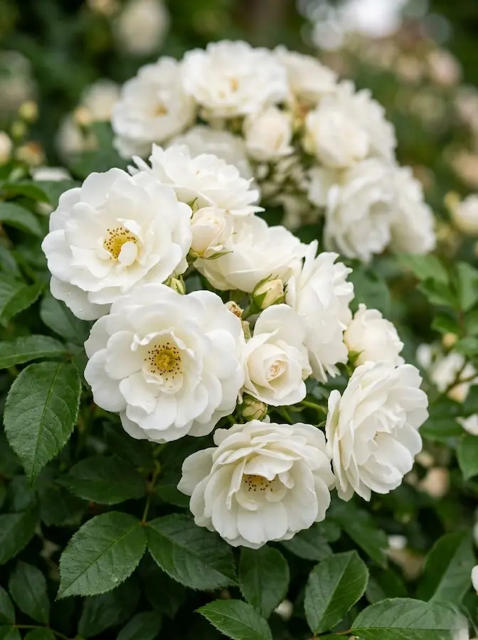 Un rosal cubresuelo vigoroso que crea una alfombra densa de flores blancas puras con racimos generosos.