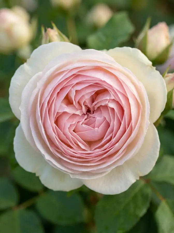 Un rosal que parece sacado de una pintura clásica, con flores en forma de copa, muy densas y de un color rosa cremoso que se intensifica en el centro.