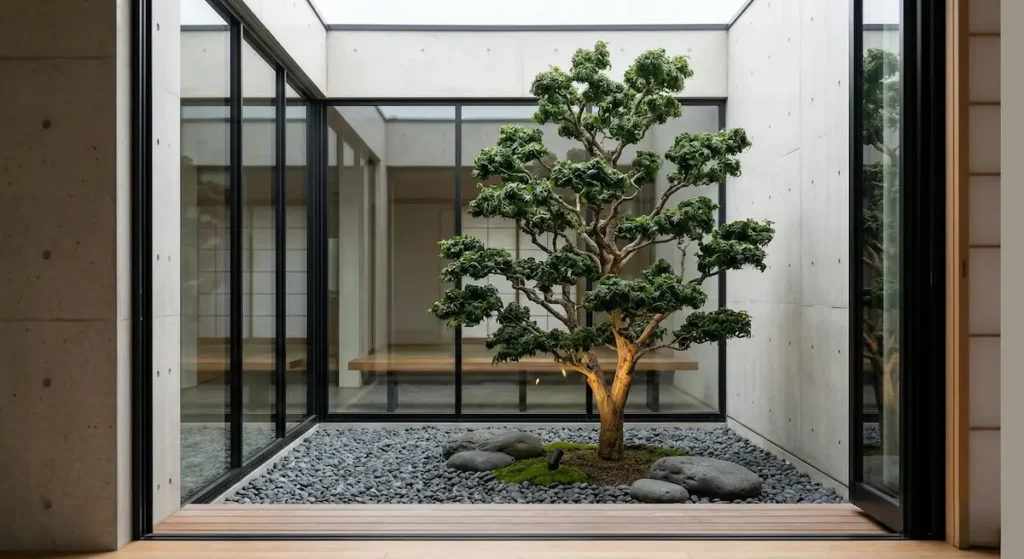 Un ejemplar de Acer palmatum 'Shishigashira' en un patio de hormigón visto.