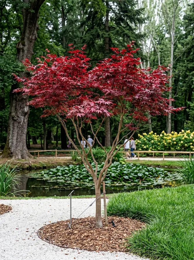 Un ejemplar multitronco de Acer palmatum blood good en un parque arbolado