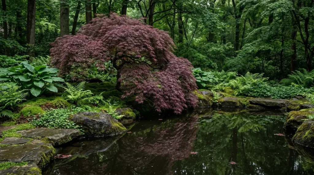 acer dissectum garnet cascada púrpura en estanque