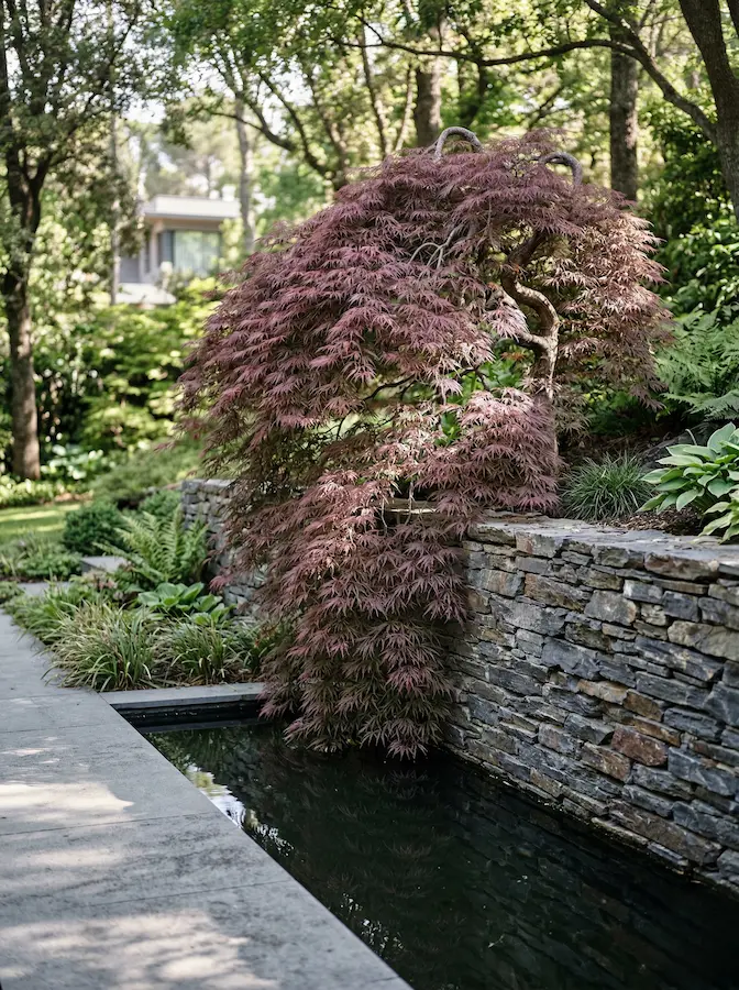 Un Acer palmatum 'Garnet' derramándose sobre un muro de piedra junto a una lámina de agua.