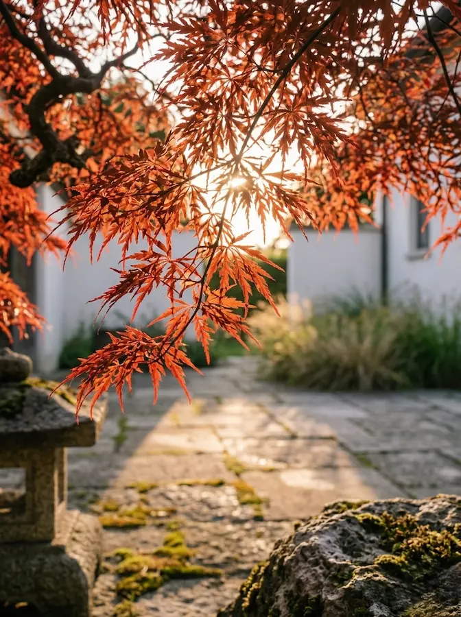 toma de detalle donde la luz del sol se filtra a través de las intrincadas hojas de un arce de color rojo fuego