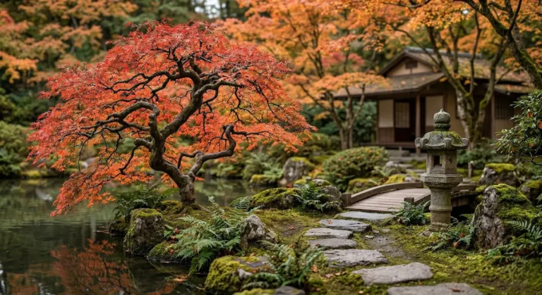 Ejemplar gnarled de Acer palmatum en otoño, integrando estructura histórica y Wabi-sabi.