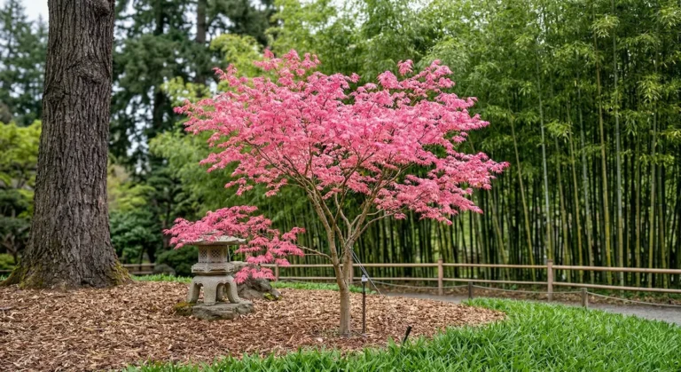 Acer palmatum 'Deshojo' exhibiendo su color primaveral en un jardín de estilo japonés.