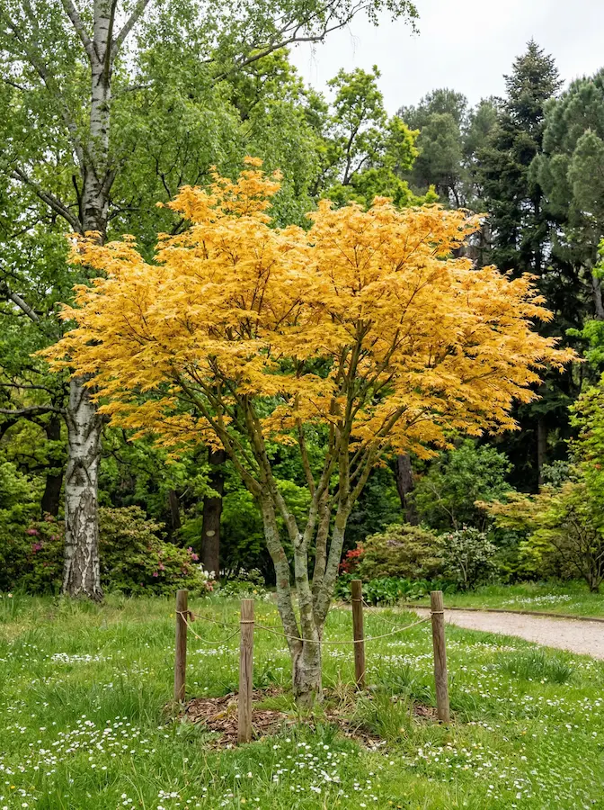 Un ejemplar de Acer palmatum 'Orange Dream' con su follaje amarillo-naranja en un entorno boscoso.