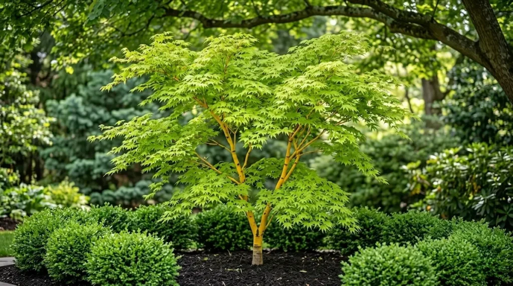 acer palmatum bi hoo contraste de su tronco amarillo con el verde claro de sus hojas