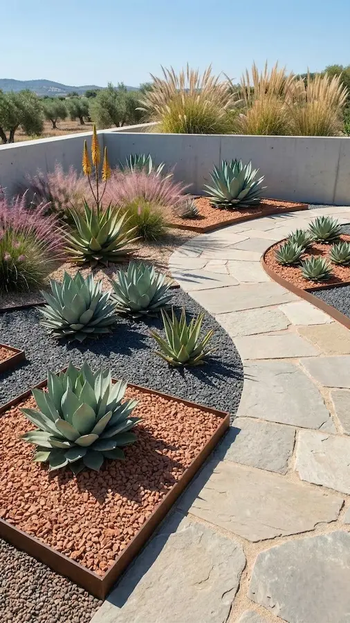 cominación de áridos en jardín sostenible, xerojardinería al poder.