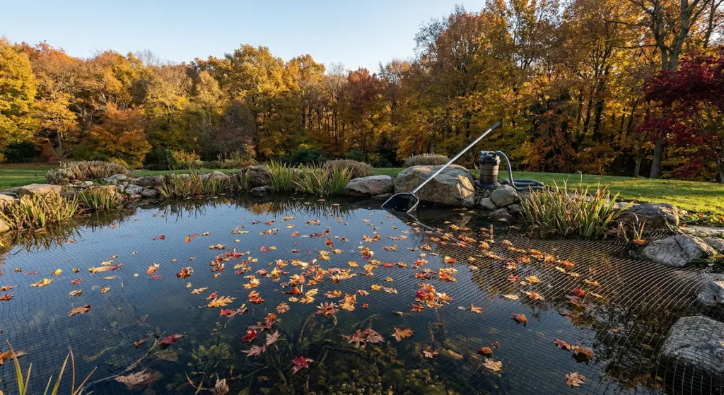 Red de protección sobre estanque ornamental capturando hojas de arce para evitar la descomposición orgánica.