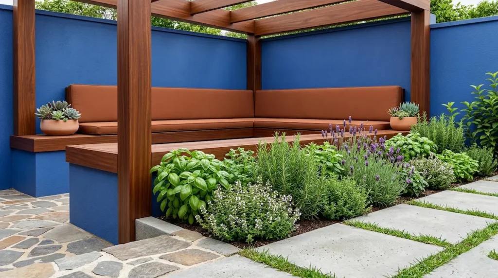 banco corrido en L bajo pérgola de madera con pared azul cobalto, ocupando un rincón