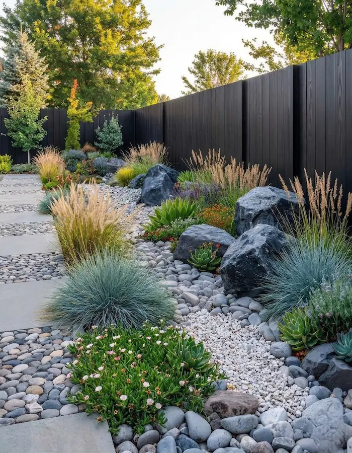 cauce seco con bolo de río flanqueado por vivaces y gramíneas, sostenible total