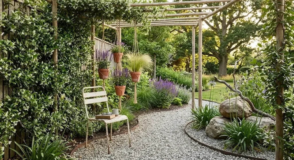 estructura ligera de la pérgola de madera sin tratar dialoga con la exuberancia de las plantas trepadoras