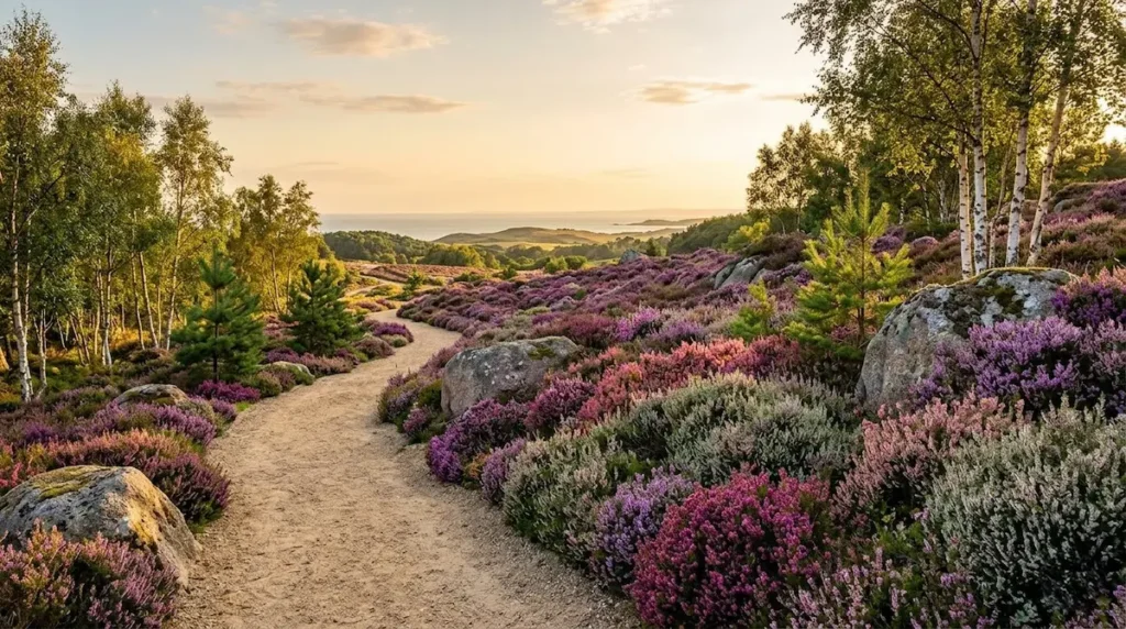 panorámica de laderas cubiertas de brezo con abedules flanqueando sendero en tierra