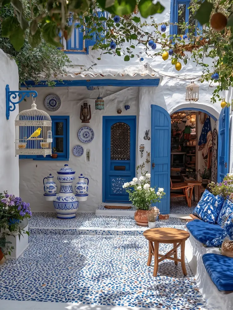 rincón en casa de campo en mediterráneo sur, semejanzas con el patio andaluz. Destacan sus colores añil y blanco