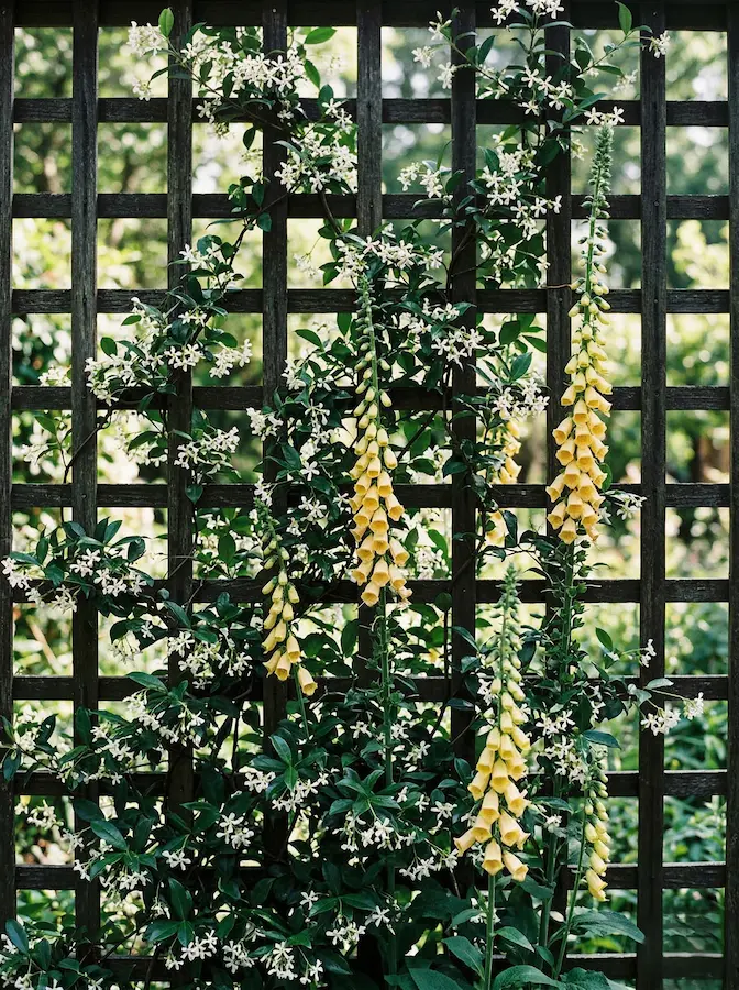 celosía recta con jazmines y digitalis