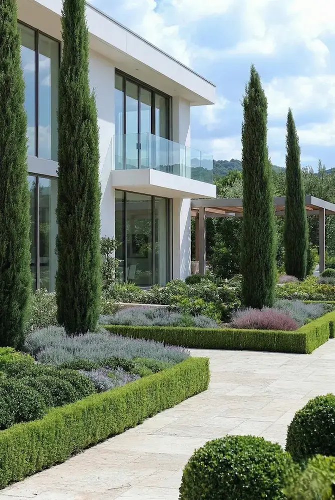 cipreses en fachada entrada en chalet moderno