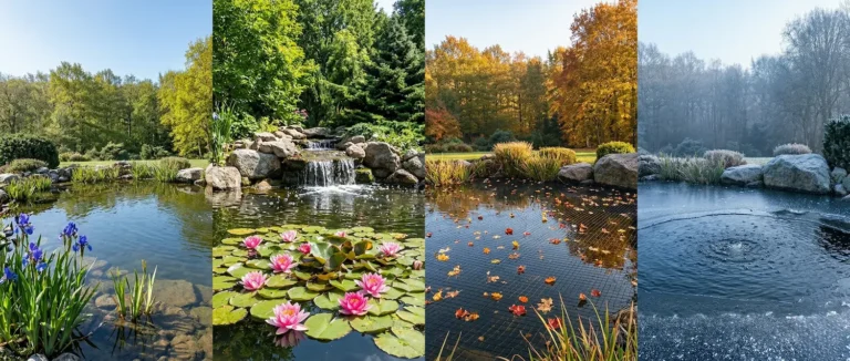 Infografía panorámica del ciclo anual de mantenimiento de un estanque ornamental en las cuatro estaciones.