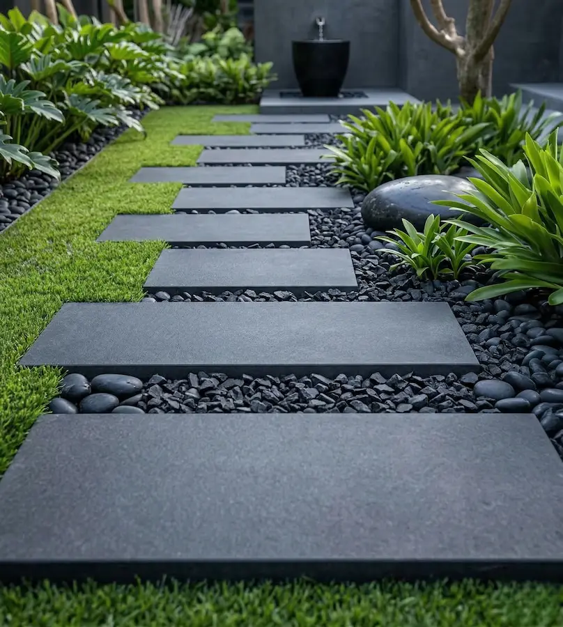 combinación bolo negro con losas de pizarra precioso contraste con el verde del césped y vegetación