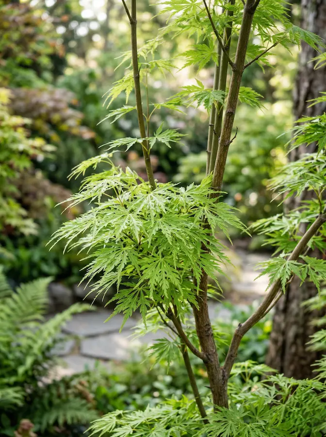 detalle de hoja y estructura de rama del Acer palmatum 'Seiryu'