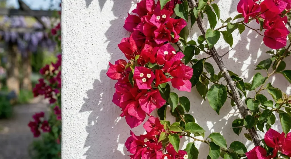 detalle de buganvilla sobre pared encalada