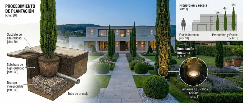 detalle de plantación e iluminación de ciprés en jardín moderno