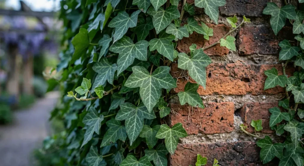 detalle de hedera helix sobre muro