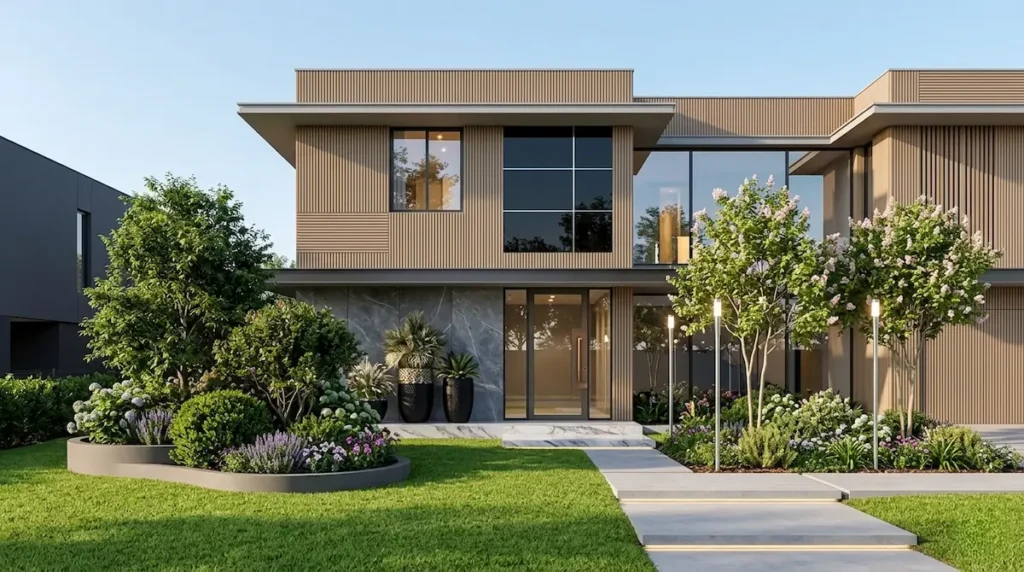 El contraste entre las losas de piedra azulada y el movimiento de los Pennisetum es el ejemplo visual exacto para este bloque.