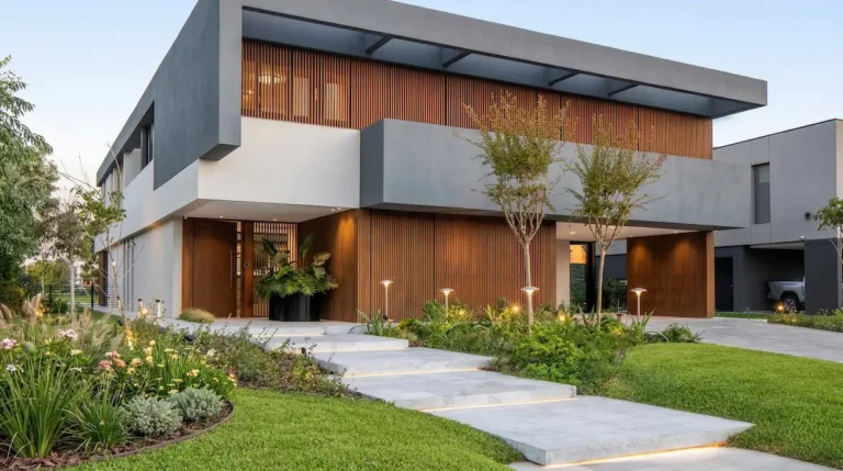 patrón de losas donde la vegetación se integra en las juntas, creando un tapiz verde que refresca el ambiente