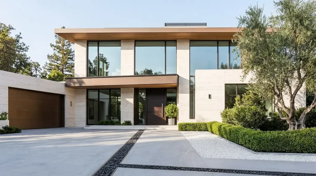 La entrada principal se plantea aquí como un juego de texturas rústicas y acabados modernos. El uso de un pilar de mampostería en piedra caliza rústica flanqueando una puerta de madera con tachuelas metálicas establece una conexión inmediata con la tradición