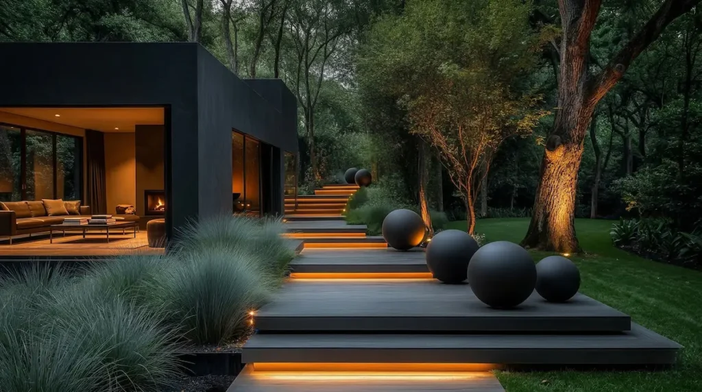 se aprecia cómo el uso de luces indirectas y focos sutiles permite esculpir la entrada de noche. Integrar la iluminación bajo los peldaños crea una sensación de ligereza