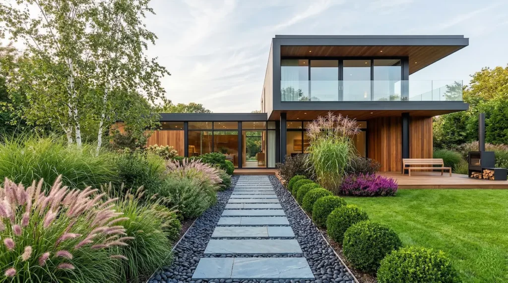 iniciativa de utilizar masas de gramíneas ornamentales para romper la severidad de una fachada contemporánea