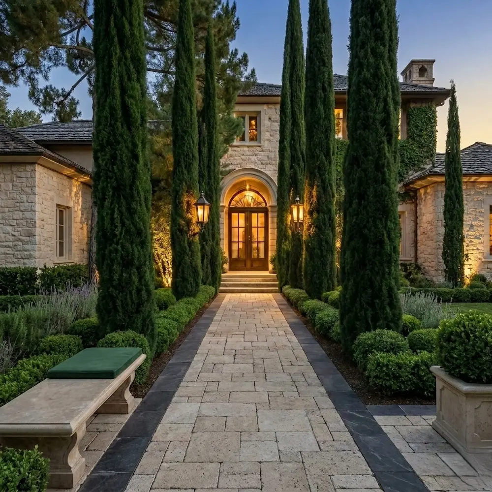 cipreses flanqueando paso de entrada a vivienda estilo clásico