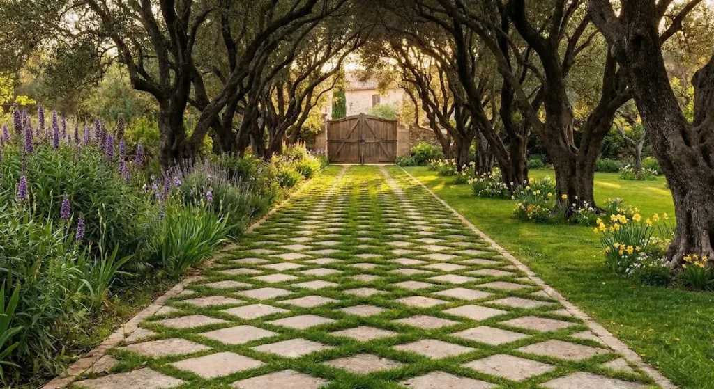 entrada a garaje con losas colocada en forma romboidal con llaga de césped