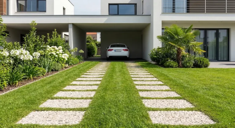A los lados, la naturaleza se integra sin timidez: arriates cuidados con flores blancas a un lado y arbustos con pequeñas palmeras al otro.
