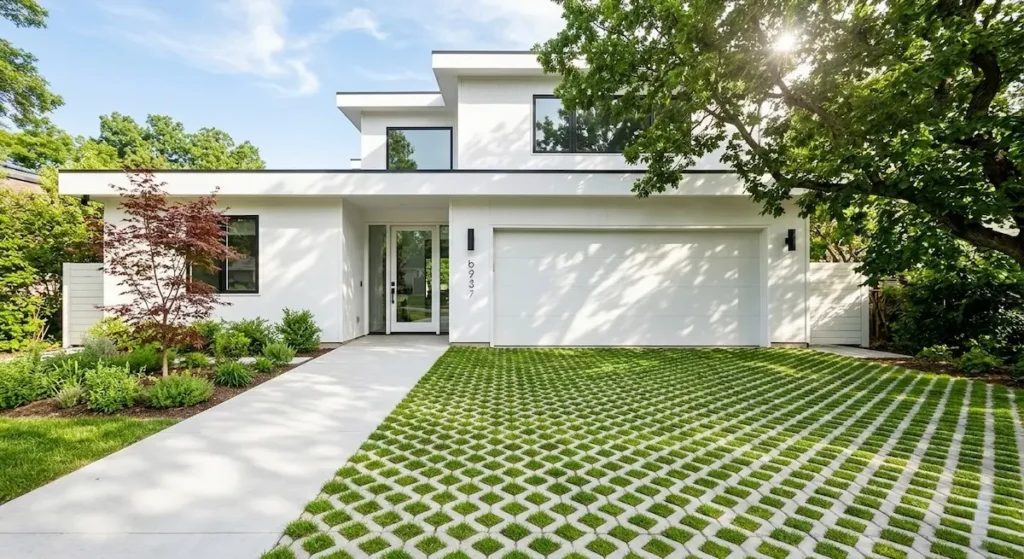 el gran foco de atención es un pavimento que forma un entramado geométrico continuo. Entre los bloques grises entrelazados crece un césped tupido que suaviza la dureza del hormigón.