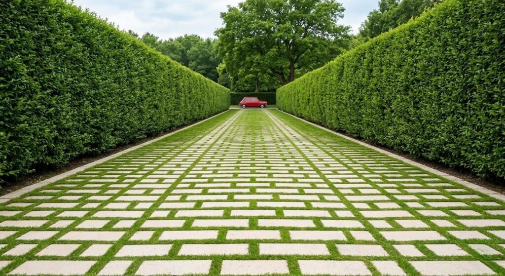 A ambos lados, unos setos altos y densos forman un pasillo vegetal que enmarca la vista de forma ordenada, guiando el coche hacia el interior.