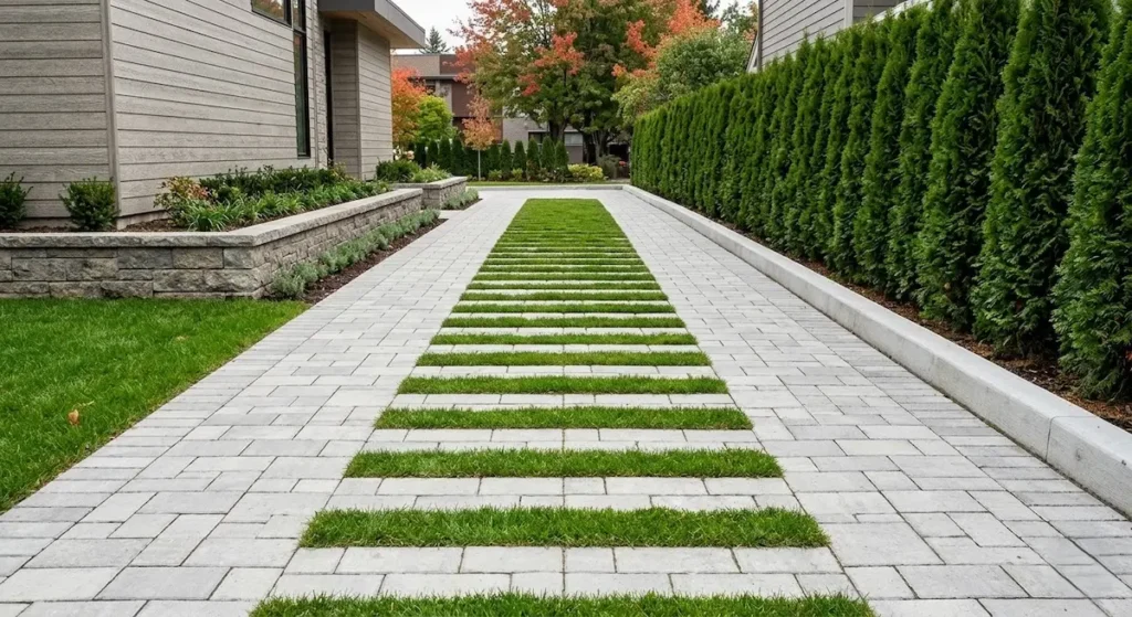 una superficie transitable y firme, facilitando el drenaje y conectando con los ciclos naturales. El entorno se completa con setos verdes y zonas ajardinadas elevadas