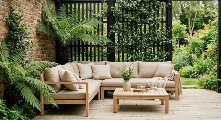 conjunto con líneas rectas fondo de celosía recta en color oscuro combinando con vegetación exuberante