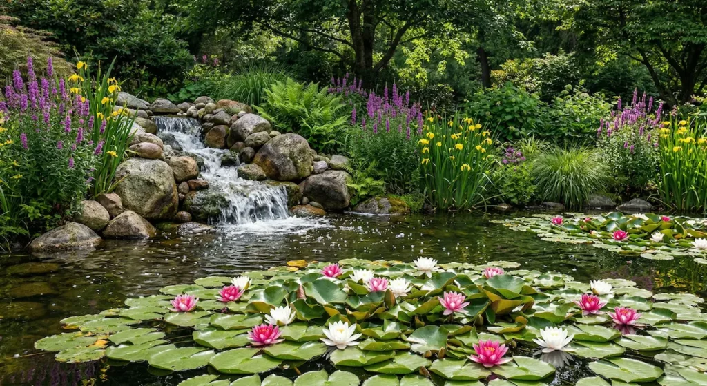 Cascada de piedra natural proporcionando oxigenación a un estanque con nenúfares en plena floración estival.
