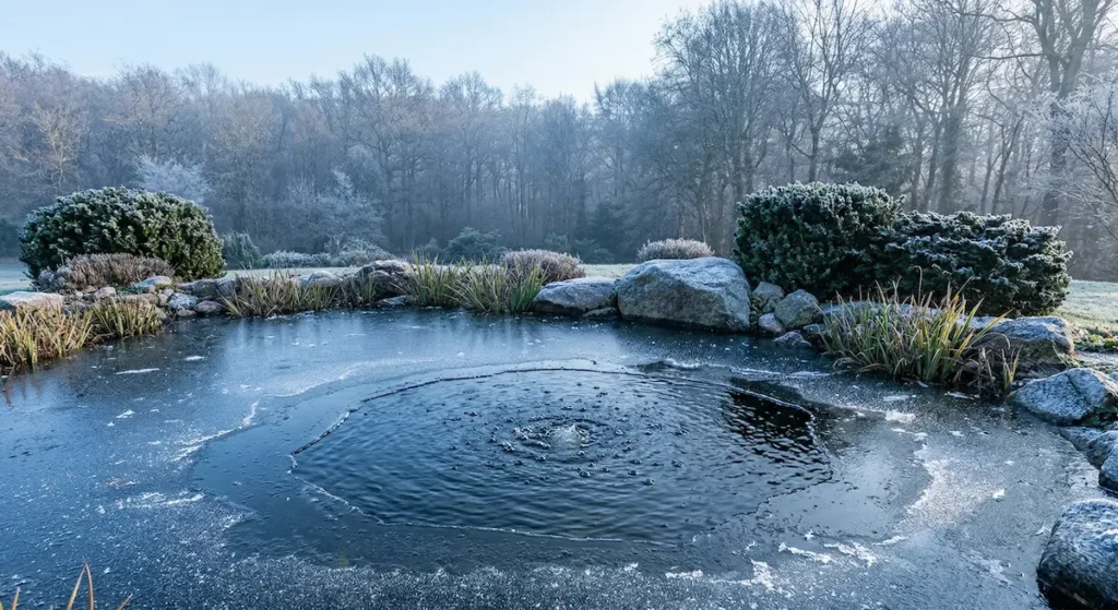 Superficie de estanque con escarcha y un orificio abierto en el hielo mediante aireador para el intercambio gaseoso.
