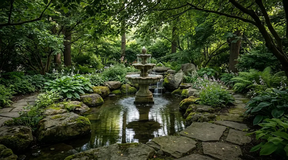 estanque en zona umbría con fuente clásica dentro
