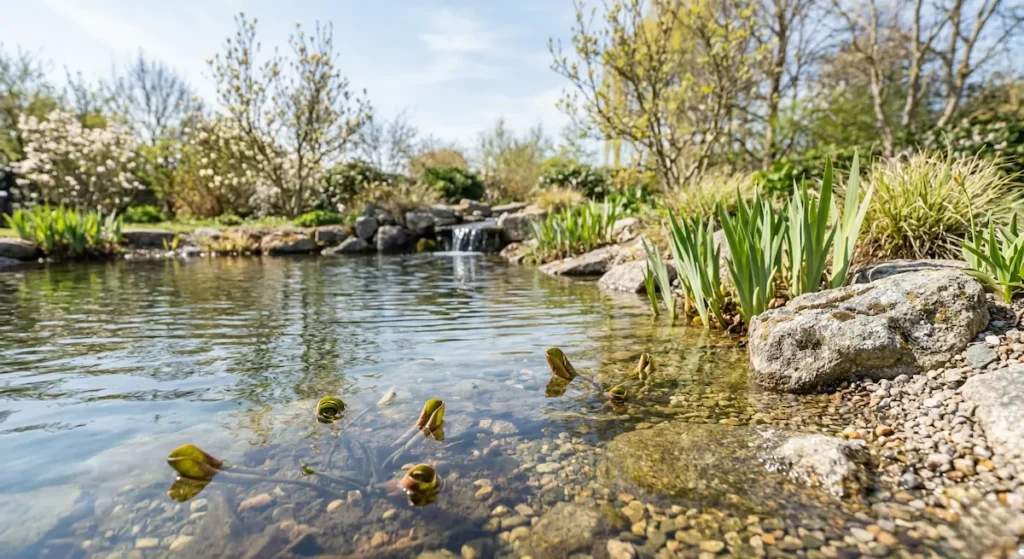 Brotación de nenúfares en un estanque limpio con agua cristalina durante la puesta a punto primaveral.