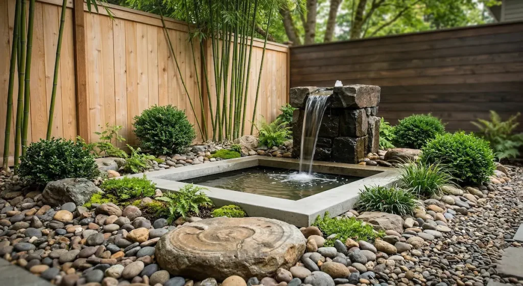 fuente formada por bloques rústicos de piedra oscura apilados, desde donde cae una suave cascada hacia un pequeño estanque cuadrado de líneas limpias.