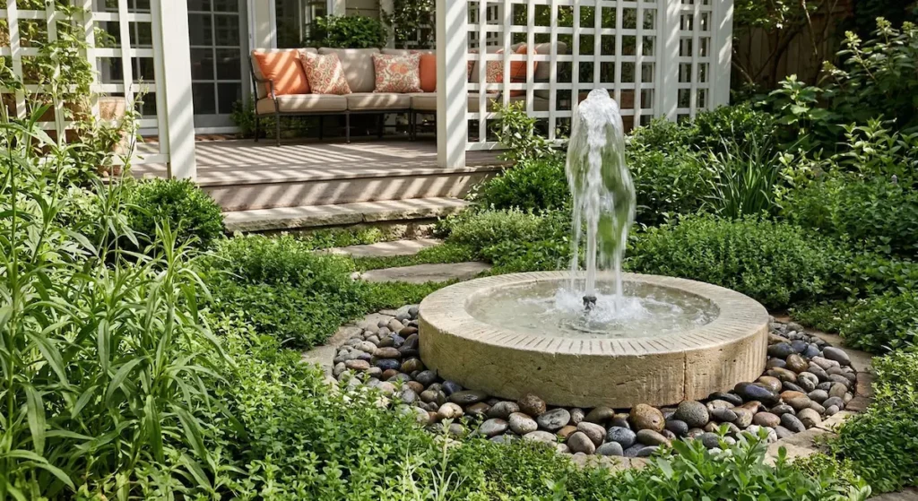 Detalle de surtidor de agua brotando suavemente de una piedra natural tallada.