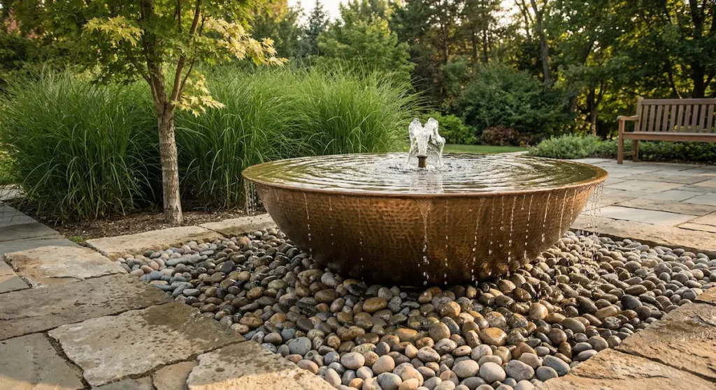 La pieza central es un cuenco circular y masivo de cobre martillado y patinado, que muestra una rica textura de golpes de martillo y tonos marrón-oro
