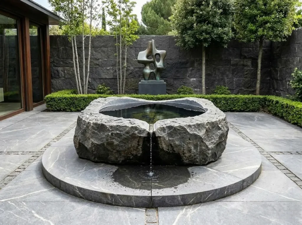 Surtidor vertical de piedra en un jardín durante el día con plantas perimetrales.