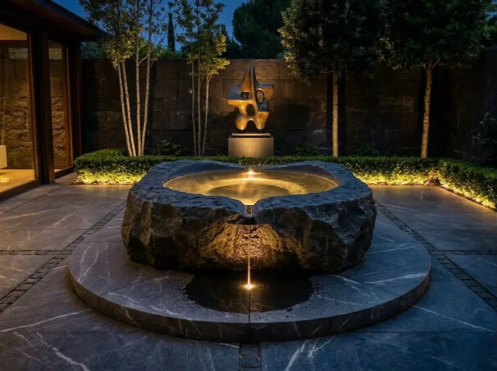 Surtidor de piedra con iluminación nocturna cálida e indirecta resaltando el movimiento del agua.
